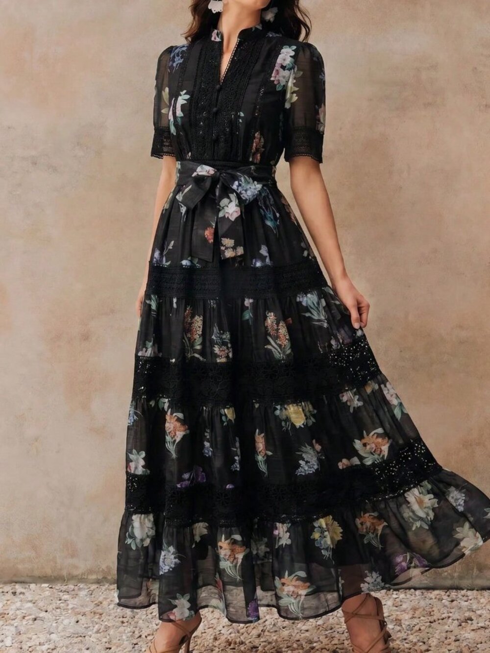 Black Boho Women's Floral Pattern Patchwork Lace Trim Dress - Picture 4 of 8